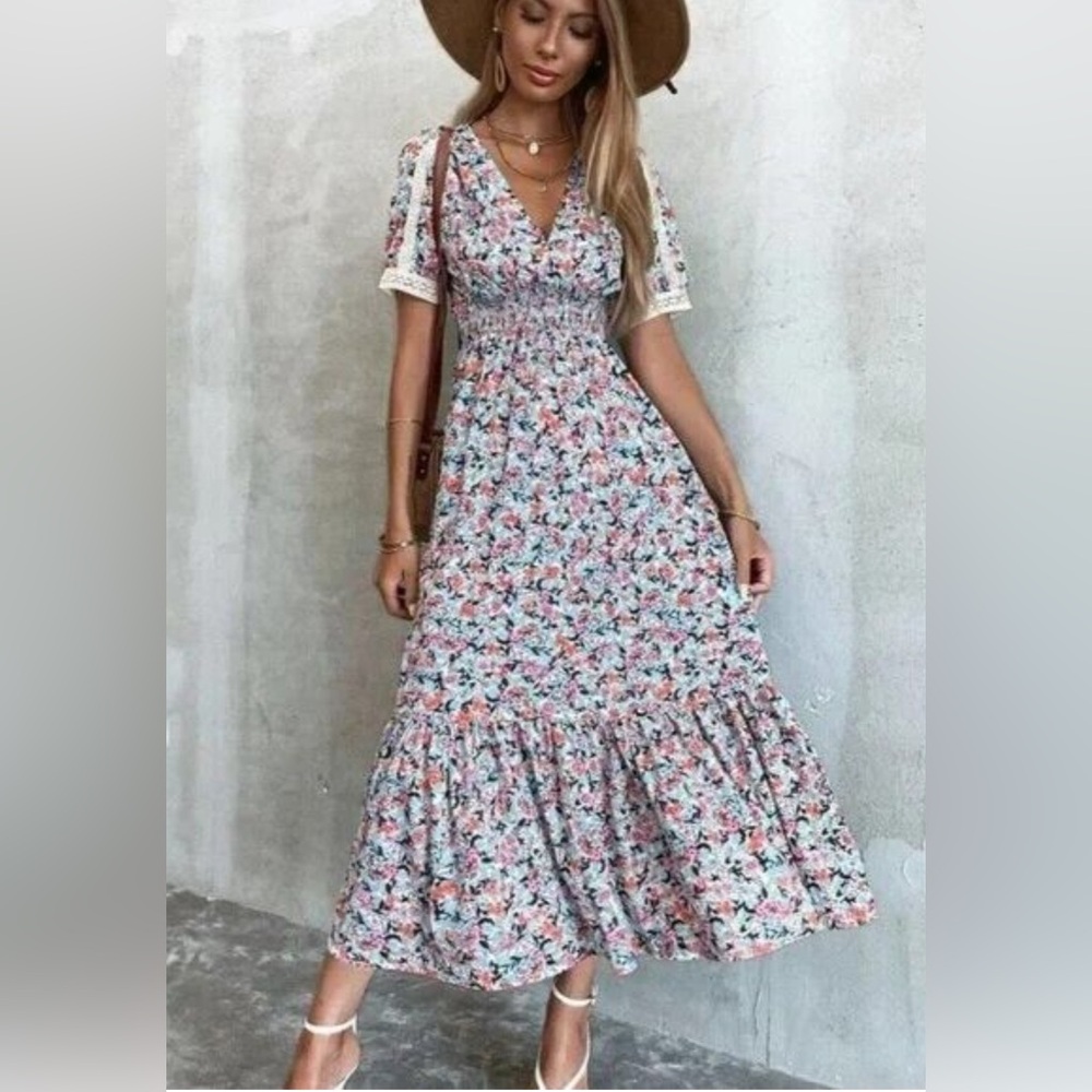 ZARA Boho Blue Red Floral Print V-Neck Lace Midi Dress size extra small
